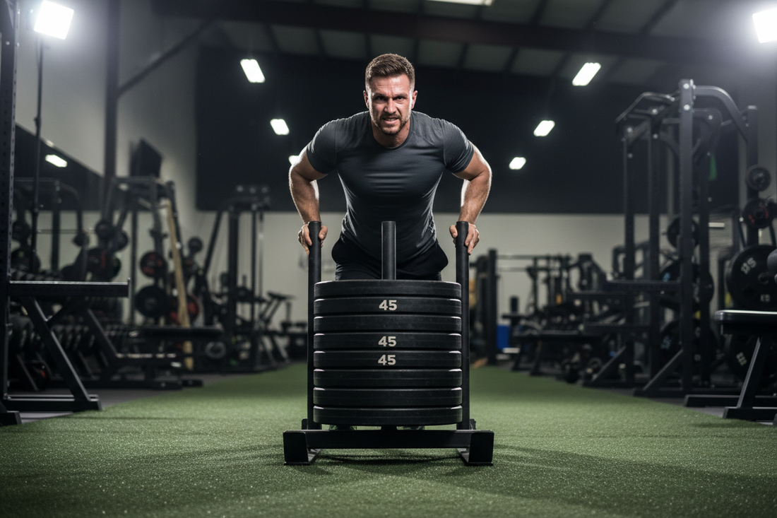 athlete pushing a sled with plates in the gym